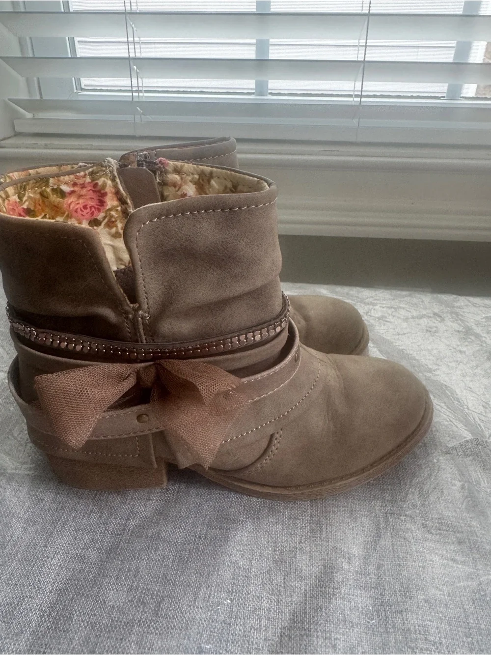 Kids Brown Suede Ankle Boots with Floral Lining